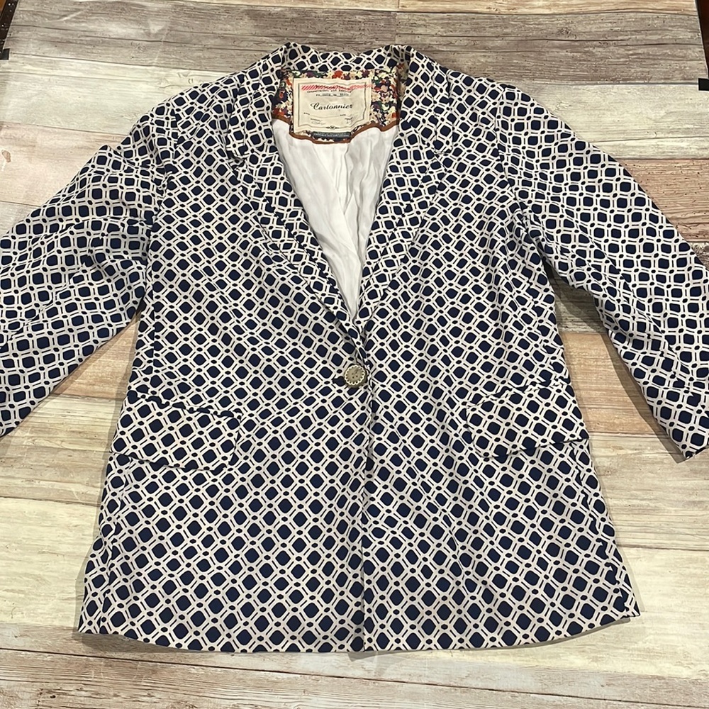 Beautiful Cartonnier Anthropologie Navy White pattern blazer jacket Small